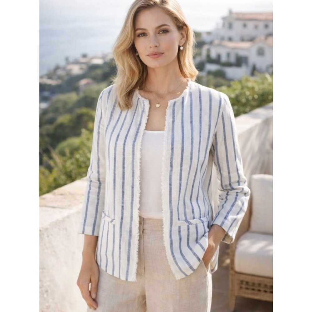 Chico’s Linen Jacket Striped Blue White Fringe Trim Open Front Size 2 (US 12)